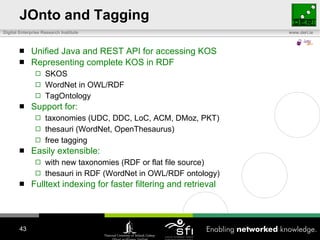 JOnto and Tagging Unified Java and REST API for accessing KOS Representing complete KOS in RDF SKOS WordNet in OWL/RDF TagOntology  Support for: taxonomies (UDC, DDC, LoC, ACM, DMoz, PKT) thesauri (WordNet, OpenThesaurus) free tagging Easily extensible:  with new taxonomies (RDF or flat file source) thesauri in RDF (WordNet in OWL/RDF ontology) Fulltext indexing for faster filtering and retrieval 