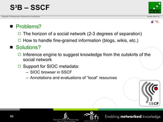 S 3 B – SSCF Problems? The horizon of a social network (2-3 degrees of separation) How to handle fine-grained information (blogs, wikis, etc.) Solutions?  Inference engine to suggest knowledge from the outskirts of the social network Support for SIOC metadata: SIOC browser in SSCF Annotations and evaluations of “local” resources 