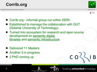 Corrib.org Corrib.org  -  informal group run within DERI.  E stablished to manage the collaboration with GUT (Gdańsk University of Technology).  T urn ed  into ecosystem for research and open source development on  semantic digital  libraries  and  semantic infrastructure   Delivered 11 Masters Another 5 in progress 2 PhD coming up  