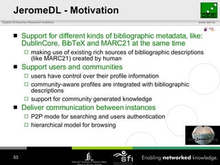 JeromeDL - Motivation Support for different kinds of bibliographic metadata, like: DublinCore, BibTeX and MARC21 at the same time making use of existing rich sources of bibliographic descriptions (like MARC21) created by human Support users and communities users have control over their profile information community-aware profiles are integrated with bibliographic descriptions support for community generated knowledge Deliver communication between instances P2P mode for searching and users authentication hierarchical model for browsing 