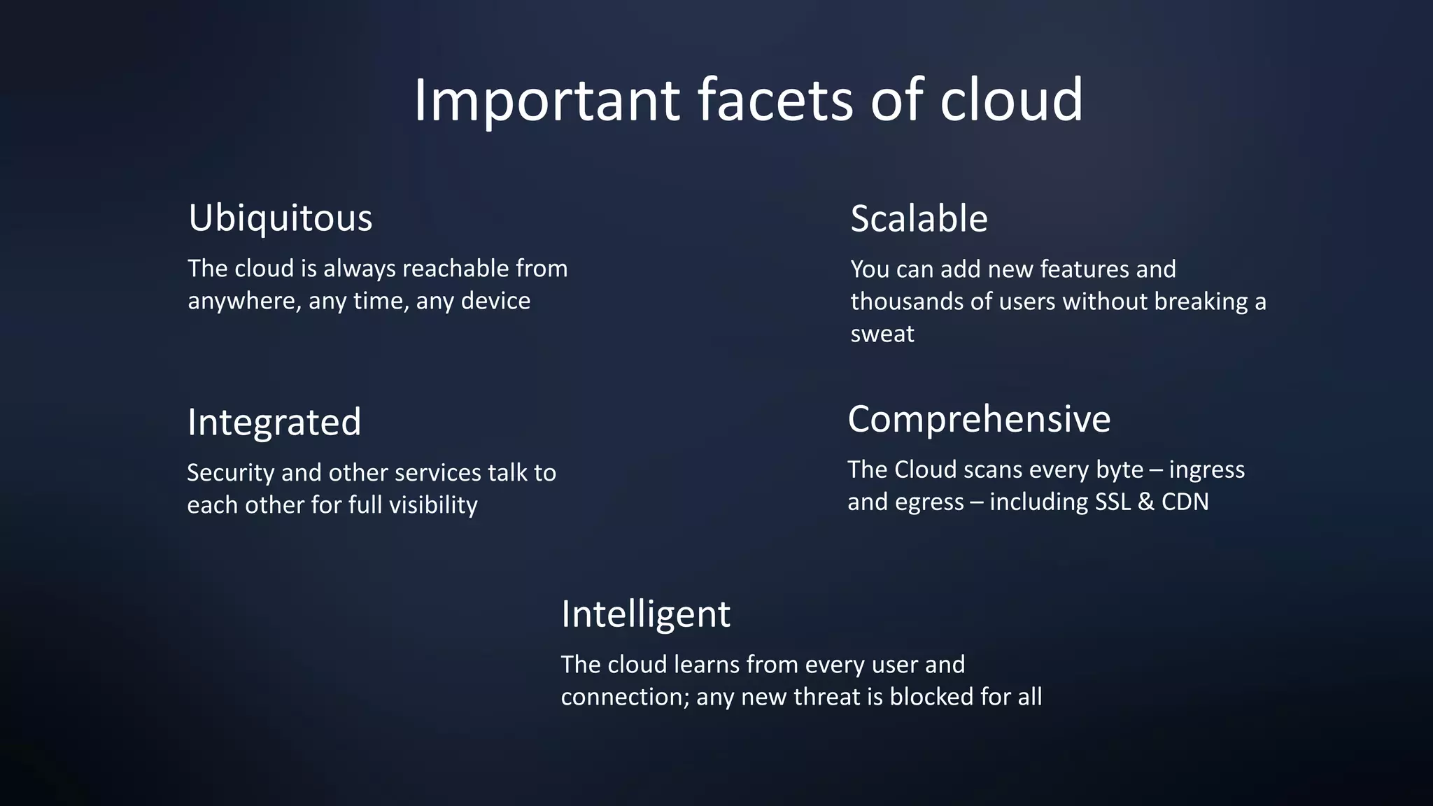Ubiquitous
The cloud is always reachable from
anywhere, any time, any device
Scalable
You can add new features and
thousands of users without breaking a
sweat
Integrated
Security and other services talk to
each other for full visibility
Comprehensive
The Cloud scans every byte – ingress
and egress – including SSL & CDN
Intelligent
The cloud learns from every user and
connection; any new threat is blocked for all
Important facets of cloud
 