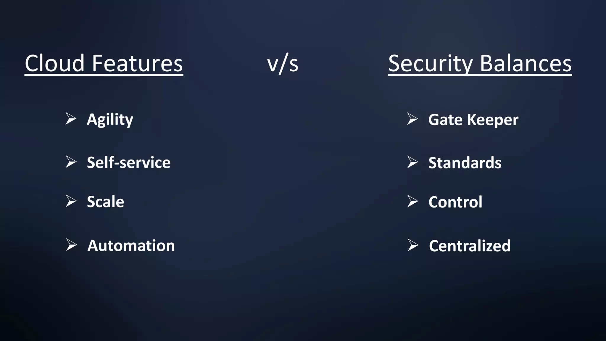 Cloud Features v/s Security Balances
➢ Agility
➢ Self-service
➢ Scale
➢ Automation
➢ Gate Keeper
➢ Standards
➢ Control
➢ Centralized
 