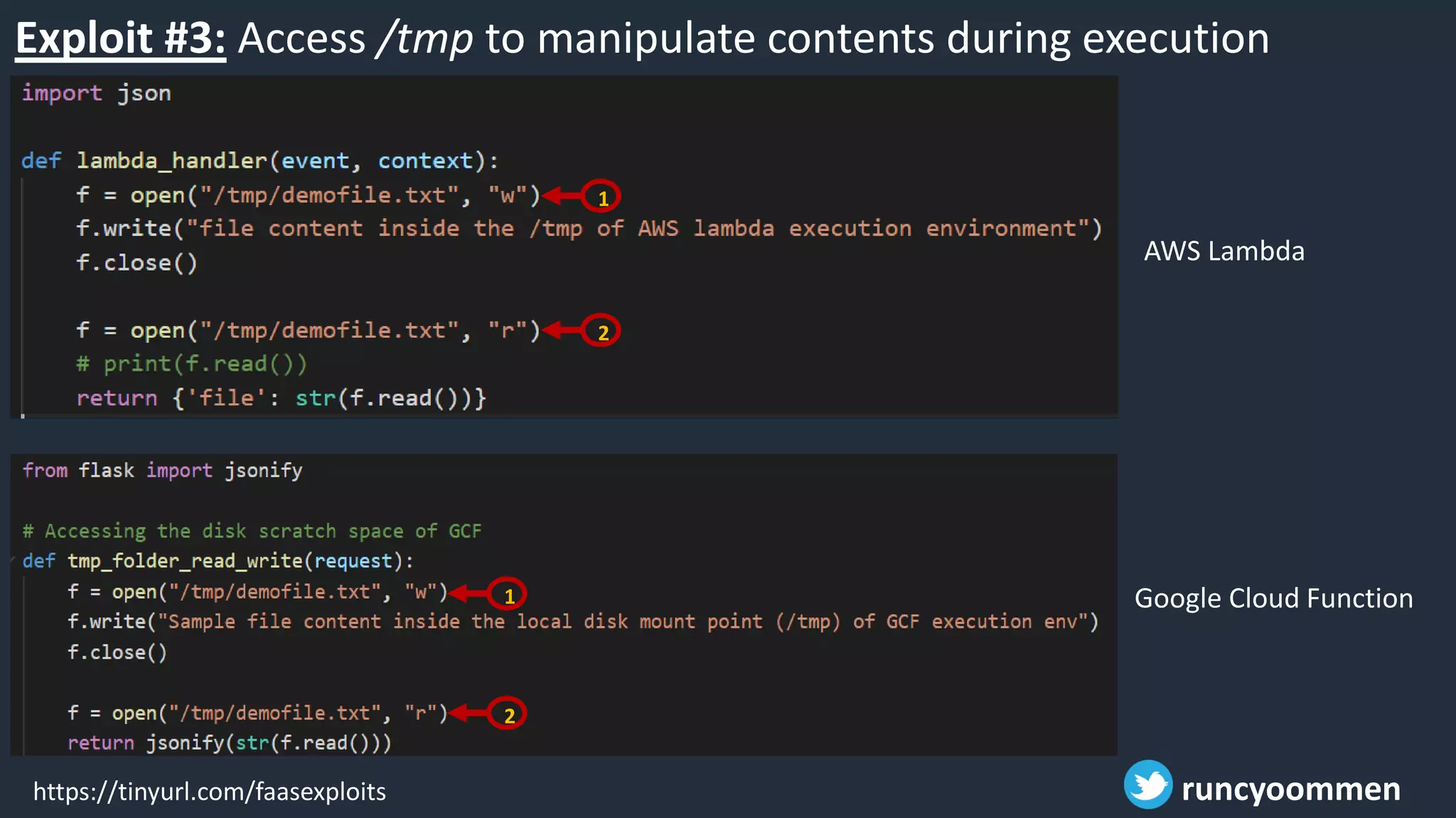 Exploit #3: Access /tmp to manipulate contents during execution
time
Google Cloud Function
https://tinyurl.com/faasexploits runcyoommen
1
2
1
2
AWS Lambda
 