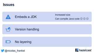 @nicolas_frankel
Issues
Embeds a JDK
Increased size
Can compile Java code 😱 😱 😱
Version handling
No layering
 