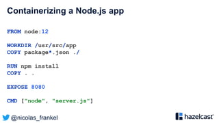 @nicolas_frankel
Containerizing a Node.js app
FROM node:12
WORKDIR /usr/src/app
COPY package*.json ./
RUN npm install
COPY . .
EXPOSE 8080
CMD ["node", "server.js"]
 