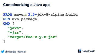 @nicolas_frankel
Containerizing a Java app
FROM maven:3.5-jdk-8-alpine:build
RUN mvn package
CMD [
"java",
"-jar",
"target/foo-x.y.z.jar”
]
 