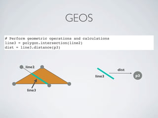 GEOS
# Perform geometric operations and calculations
line3 = polygon.intersection(line2)
dist = line3.distance(p3)




         line2
                                                  dist
                                        line3            p3


         line3
 