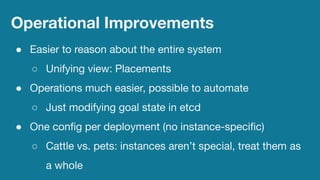 Operational Improvements
● Easier to reason about the entire system
○ Unifying view: Placements
● Operations much easier, ...