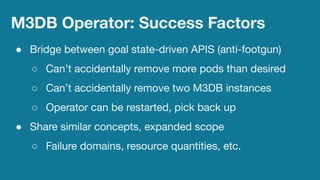M3DB Operator: Success Factors
● Bridge between goal state-driven APIS (anti-footgun)
○ Can’t accidentally remove more pod...