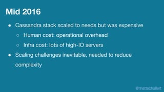 ● Cassandra stack scaled to needs but was expensive
○ Human cost: operational overhead
○ Infra cost: lots of high-IO serve...