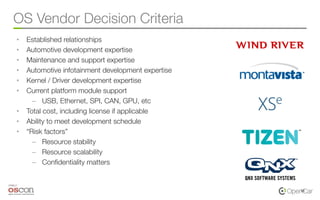 OS Vendor Decision Criteria
•  Established relationships
•  Automotive development expertise
•  Maintenance and support ex...