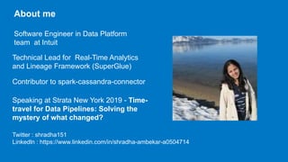 About me
Software Engineer in Data Platform
team at Intuit
Speaking at Strata New York 2019 - Time-
travel for Data Pipelines: Solving the
mystery of what changed?
Technical Lead for Real-Time Analytics
and Lineage Framework (SuperGlue)
Contributor to spark-cassandra-connector
Twitter : shradha151
Linkedln : https://www.linkedin.com/in/shradha-ambekar-a0504714
 