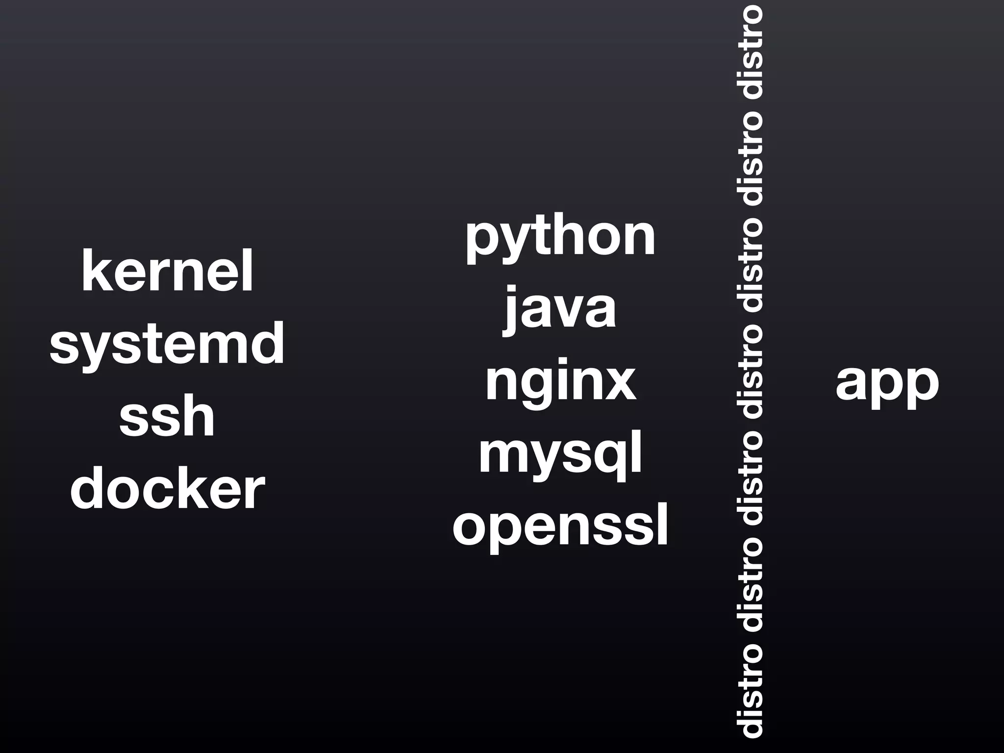 kernel
systemd
ssh
docker
python
java
nginx
mysql
openssl
app
distrodistrodistrodistrodistrodistrodistro
 