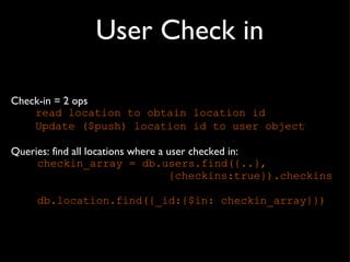User Check in Check-in = 2 ops read location to obtain location id Update ($push) location id to user object Queries: find all locations where a user checked in:  checkin_array = db.users.find({..}, {checkins:true}).checkins db.location.find({_id:{$in: checkin_array}}) 