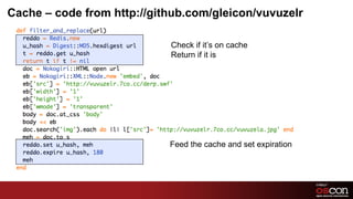 Cache  –  code from http://github.com/gleicon/vuvuzelr Check if it ’ s on cache Return if it is Feed the cache and set exp...