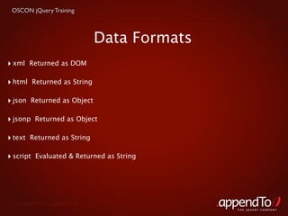 OSCON jQuery Training



                                    Data Formats
‣ xml    Returned as DOM

‣ html     Returned as String

‣ json    Returned as Object

‣ jsonp    Returned as Object

‣ text   Returned as String

‣ script    Evaluated & Returned as String




  Copyright © 2010 appendTo, LLC.
                                                   THE jOUERY COMPANY
 