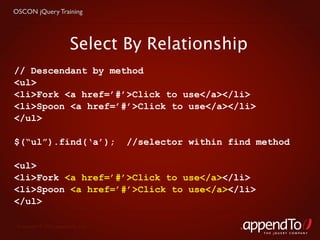 OSCON jQuery Training




                        Select By Relationship
// Descendant by method
<ul>
<li>Fork <a href=’#’>Click to use</a></li>
<li>Spoon <a href=’#’>Click to use</a></li>
</ul>

$(“ul”).find(‘a’);                 //selector within find method

<ul>
<li>Fork <a href=’#’>Click to use</a></li>
<li>Spoon <a href=’#’>Click to use</a></li>
</ul>

 Copyright © 2010 appendTo, LLC.
                                                           THE jOUERY COMPANY
 