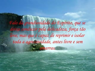 Falo da grandiosidade do Espírito, que se
deixa conduzir pela delicadeza, força tão
leve, mas que é capaz de reprimir e isolar
  toda a agressividade, antes livre e sem
                 amarras.
 