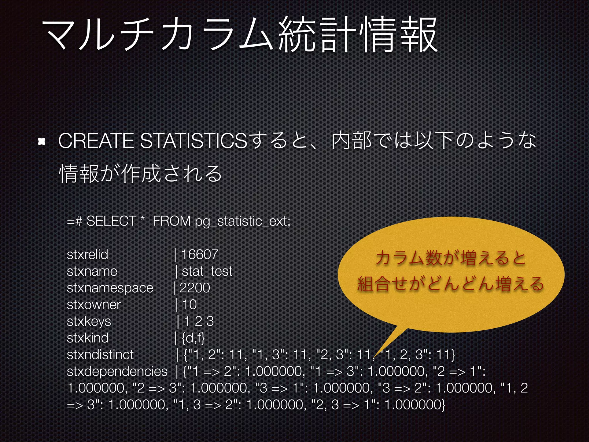 CREATE STATISTICS =# SELECT * FROM pg_statistic_ext; stxrelid | 16607 stxname | stat_test stxnamespace | 2200 stxowner | 10 stxkeys | 1 2 3 stxkind | {d,f} stxndistinct | {"1, 2": 11, "1, 3": 11, "2, 3": 11, "1, 2, 3": 11} stxdependencies | {"1 => 2": 1.000000, "1 => 3": 1.000000, "2 => 1": 1.000000, "2 => 3": 1.000000, "3 => 1": 1.000000, "3 => 2": 1.000000, "1, 2 => 3": 1.000000, "1, 3 => 2": 1.000000, "2, 3 => 1": 1.000000} 
