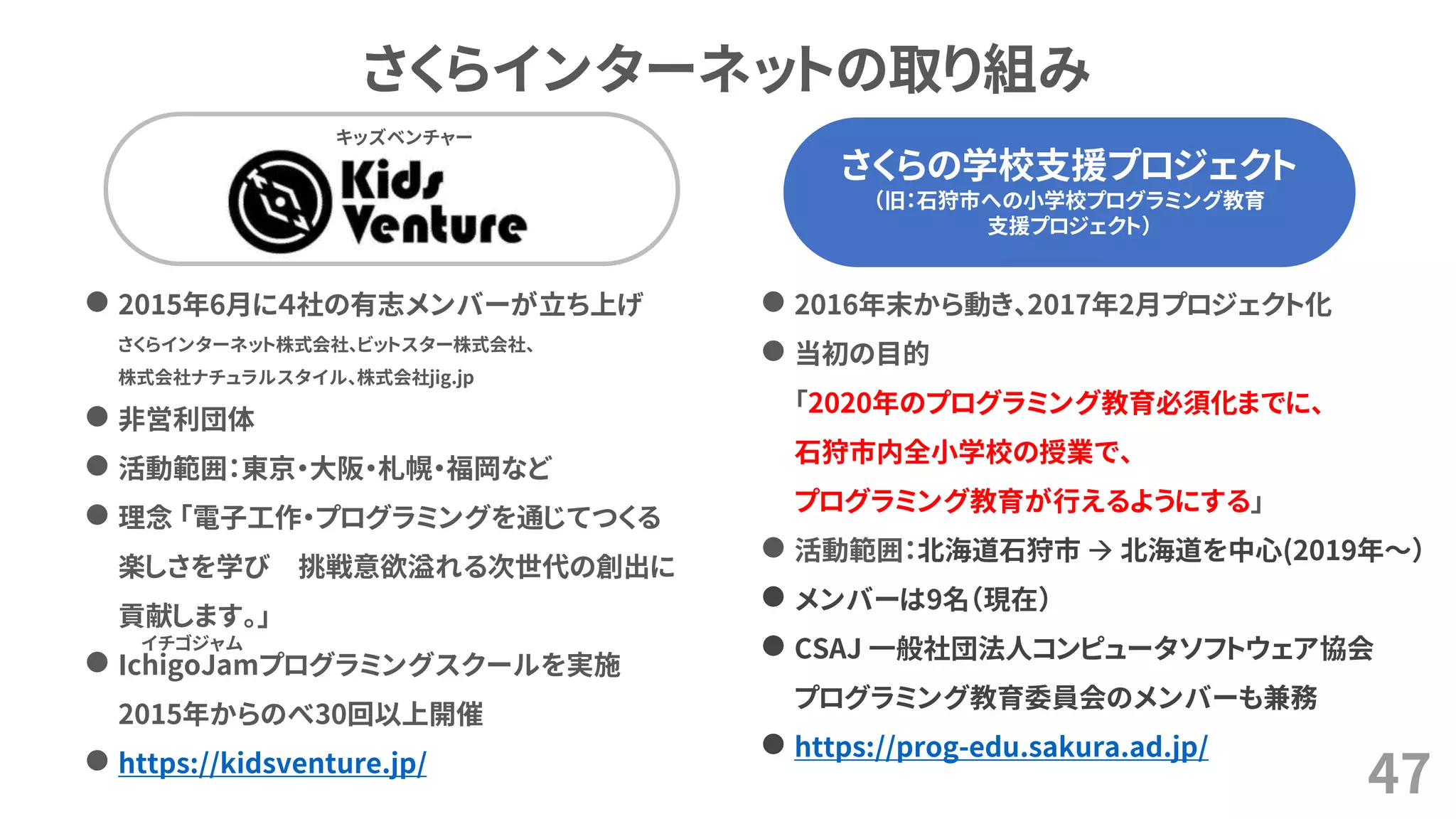 さくらの学校支援プロジェクト
（旧：石狩市への小学校プログラミング教育
支援プロジェクト）
さくらインターネットの取り組み
47
さくらの学校支援プロジェクト
（旧：石狩市への小学校プログラミング教育
支援プロジェクト）
⚫ 2015年6月に４社の有志メンバーが立ち上げ
さくらインターネット株式会社、ビットスター株式会社、
株式会社ナチュラルスタイル、株式会社jig.jp
⚫ 非営利団体
⚫ 活動範囲：東京・大阪・札幌・福岡など
⚫ 理念 「電子工作・プログラミングを通じてつくる
楽しさを学び 挑戦意欲溢れる次世代の創出に
貢献します。」
⚫ IchigoJamプログラミングスクールを実施
2015年からのべ30回以上開催
⚫ https://kidsventure.jp/
⚫ 2016年末から動き、2017年2月プロジェクト化
⚫ 当初の目的
「2020年のプログラミング教育必須化までに、
石狩市内全小学校の授業で、
プログラミング教育が行えるようにする」
⚫ 活動範囲：北海道石狩市 → 北海道を中心(2019年～）
⚫ メンバーは9名（現在）
⚫ CSAJ 一般社団法人コンピュータソフトウェア協会
プログラミング教育委員会のメンバーも兼務
⚫ https://prog-edu.sakura.ad.jp/
キッズベンチャー
イチゴジャム
 