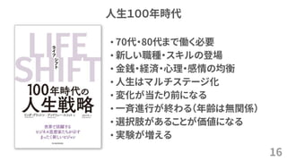 人生１００年時代
16
• 70代・80代まで働く必要
• 新しい職種・スキルの登場
• 金銭・経済・心理・感情の均衡
• 人生はマルチステージ化
• 変化が当たり前になる
• 一斉進行が終わる（年齢は無関係）
• 選択肢があることが価値になる
• 実験が増える
 