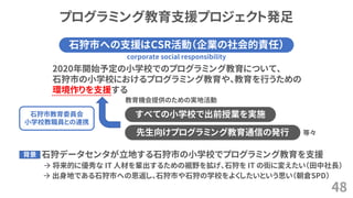 プログラミング教育支援プロジェクト発足
48
石狩市への支援はCSR活動（企業の社会的責任）
⚫ 石狩データセンタが立地する石狩市の小学校でプログラミング教育を支援
→ 将来的に優秀な IT 人材を輩出するための裾野を拡げ、石狩を IT の街に変えたい（田中社長）
→ 出身地である石狩市への恩返し、石狩市や石狩の学校をよくしたいという思い（朝倉SPD）
corporate social responsibility
2020年開始予定の小学校でのプログラミング教育について、
石狩市の小学校におけるプログラミング教育や、教育を行うための
環境作りを支援する
すべての小学校で出前授業を実施
先生向けプログラミング教育通信の発行
背景
等々
石狩市教育委員会
小学校教職員との連携
教育機会提供のための実地活動
 