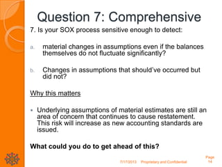 Question 7: Comprehensive
7. Is your SOX process sensitive enough to detect:
a. material changes in assumptions even if the balances
themselves do not fluctuate significantly?
b. Changes in assumptions that should’ve occurred but
did not?
Why this matters
 Underlying assumptions of material estimates are still an
area of concern that continues to cause restatement.
This risk will increase as new accounting standards are
issued.
What could you do to get ahead of this?
7/17/2013 Proprietary and Confidential
Page
14
 