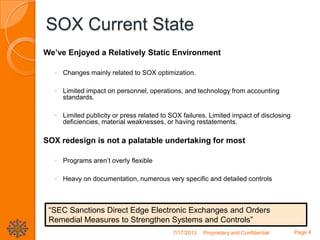SOX Current State
We’ve Enjoyed a Relatively Static Environment
◦ Changes mainly related to SOX optimization.
◦ Limited impact on personnel, operations, and technology from accounting
standards.
◦ Limited publicity or press related to SOX failures. Limited impact of disclosing
deficiencies, material weaknesses, or having restatements.
SOX redesign is not a palatable undertaking for most
◦ Programs aren’t overly flexible
◦ Heavy on documentation, numerous very specific and detailed controls
7/17/2013 Proprietary and Confidential Page 4
“SEC Sanctions Direct Edge Electronic Exchanges and Orders
Remedial Measures to Strengthen Systems and Controls”
 