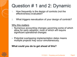 Question # 1 and 2: Dynamic
7/17/2013 Proprietary and Confidential Page 6
1. How frequently is the design of controls (not the
effectiveness) evaluated?
2. What triggers reevaluation of your design of controls?
Why this matters
 Numerous accounting changes upcoming some of which
allow for early adoption; most of which will require
significant operational changes
 Potential overlapping implementation dates means
multiple projects may occur simultaneously.
What could you do to get ahead of this?
 