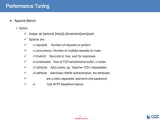 17
- Internal Use Only -
Performance Tuning
Apache Bench
• Option
 Usage: ab [options] [http[s]://]hostname[:port]/path
 Options are:
 -n requests Number of requests to perform
 -c concurrency Number of multiple requests to make
 -t timelimit Seconds to max. wait for responses
 -b windowsize Size of TCP send/receive buffer, in bytes
 -C attribute Add cookie, eg. 'Apache=1234. (repeatable)
 -A attribute Add Basic WWW Authentication, the attributes
 are a colon separated username and password.
 -k Use HTTP KeepAlive feature
 