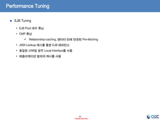 53
- Internal Use Only -
Performance Tuning
EJB Tuning
• EJB Pool 개수 튜닝
• CMP 튜닝
 Relationship-caching, 엔티티 빈에 연관된 Pre-fetching
• JNDI Lookup 캐시를 통한 EJB 레퍼런스
• 동일한 JVM일 경우 Local Interface를 사용
• 애플리케이션 범위의 캐시를 사용
 