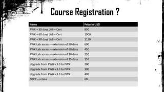 Course Registration ?
Items Price in USD
PWK + 30 days LAB + Cert 800
PWK + 60 days LAB + Cert 1000
PWK + 90 days LAB + Cert 1150
PWK Lab access – extension of 90 days 600
PWK Lab access – extension of 60 days 450
PWK Lab access – extension of 30 days 250
PWK Lab access – extension of 15 days 150
Upgrade from PWB v.3.0 to PWK 200
Upgrade from PWB v.3.0 to PWK 300
Upgrade from PWB v.3.0 to PWK 400
OSCP – retake 60
 