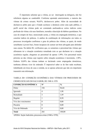 Anais do XXVI Simpósio Nacional de História – ANPUH • São Paulo, julho 2011 9
É importante salientar que a vítima, ao ser interrogada na delegacia, não fez
referência alguma ao candomblé. Conforme apontado anteriormente, a maioria das
vítimas de crimes sexuais, 96,65%, declarava-se pobre. Além da necessidade de
declarar-se pobre para que o Estado aceitasse a denúncia como uma ação pública, o
perfil social das vítimas pode ser constatado analisando-se certos indícios como
profissão da vítima e de seus familiares, moradia e descrição de hábitos quotidianos. No
caso do estupro de Iraci, mencionado acima, a vítima era empregada doméstica, o que
constitui indício de pobreza. A análise da combinação de informações em todos os
processos investigados confirmou o grau de pobreza das vítimas, as quais, de modo
semelhante à jovem Iraci, foram incapazes de custear um bom advogado para defender
suas causas. Na tabela III, verificamos que, se somarmos o percentual das vítimas que
afirmaram ter a situação econômica remediada com as que declaram ter a situação
econômica regular, chegamos ao percentual de apenas 1,99%. Um percentual muito
próximo ao das vítimas cujo registro sobre situação econômica é inexistente, 1,98%.
Embora 10,89% das vítimas tenham se declarado como empregadas domésticas,
nenhuma afirmou viver de ordenado. É impossível saber se de fato nada recebiam,
trabalhando em troca de casa e comida, ou se apenas achavam que não era importante
transmitir esta informação.
TABELA III─ CONDIÇÃO ECONÔMICA DAS VÍTIMAS EM PROCESSOS DE
CRIMES SEXUAIS EM SALVADOR, DE 1940 A 1970
CONDIÇÃO ECONÔMICA Nº %
Pobre 194 96,04
Ignorado 4 1,98
Remediado 3 1,49
Regular 1 0,50
Vive dos vencimentos 0 0,00
Precária 0 0,00
Vive de Ordenado 0 0,00
Total 202 100,00
APEBA. Seção Judiciária, processos-crime (1940 a 1970).
 
