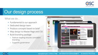 Our design process
What we do…
     Fundamental to our approach
     Dedicated design team
     Produce concepts based on brief
     Map design to Master Page and CSS
     Build branding package
         Feature stapling ensures consistent
          branding
         Supports governance




STRATEGY      CONSULTING     SUPPORT       SHAREPOINT CONSULTING   INFORMATION MANAGEMENT   BUSINESS PROCESS
 