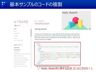 基本サンプルのコードの複製
Hello WebVRに関する記述 (たったこれだけ！)
Hello WebVR
 