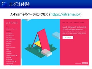 まずは体験
A-Frameのページにアクセス (https://aframe.io/)
 