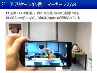 アプリケーション例：マーカーレスAR
 空間にCGを配置し、自由な位置・向きから観察できる
 ARCore(Google), ARKit(Apple)が提供されている
 