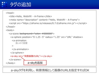 タグの追加
<head>
<title>Hello, WebVR! - A-Frame</title>
<meta name="description" content="Hello, WebVR! - A-Frame">
<script src="https://aframe.io/releases/0.7.0/aframe.min.js"></script>
</head>
<body>
<a-scene background="color: #000000">
<a-sphere position="0 1.25 -5" radius="1.25" src="URL" shadow>
<a-animation
長いので割愛
>
</a-animation>
</a-sphere>
<a-sky src="背景画像のURL"></a-sky>
</a-scene>
</body>
a-skyタグを利用し、背景情報として画像のURLを指定すればOK
a-skyを追加
 