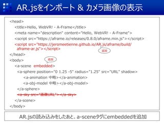AR.jsをインポート & カメラ画像の表示
<head>
<title>Hello, WebVR! - A-Frame</title>
<meta name="description" content="Hello, WebVR! - A-Frame">
<script src="https://aframe.io/releases/0.8.0/aframe.min.js"></script>
<script src="https://jeromeetienne.github.io/AR.js/aframe/build/
aframe-ar.js"></script>
</head>
<body>
<a-scene>
<a-sphere position="0 1.25 -5" radius="1.25" src="URL" shadow>
<a-animation 中略></a-animation>
<a-obj-model 中略></a-obj-model>
</a-sphere>
<a-sky src="画像URL"></a-sky>
</a-scene>
</body>
AR.jsの読み込みをしたあと、a-sceneタグにembeddedを追加
追加
<a-scene embedded>
追加
<a-sky src="画像URL"></a-sky>
 