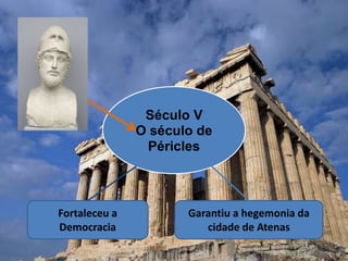 Século V
O século de
Péricles
Fortaleceu a
Democracia
Garantiu a hegemonia da
cidade de Atenas
 