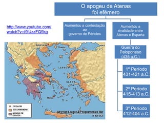 O apogeu de Atenas
foi efémero
Aumentou a contestação
ao
governo de Péricles
Aumentou a
rivalidade entre
Atenas e Esparta
Guerra do
Peloponeso
(435 a.C.)
1º Período
431-421 a.C.
2º Período
415-413 a.C.
3º Período
412-404 a.C.
http://www.youtube.com/
watch?v=t9lUzzFQ9kg
 