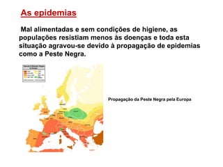 As epidemias
Mal alimentadas e sem condições de higiene, as
populações resistiam menos às doenças e toda esta
situação agravou-se devido à propagação de epidemias
como a Peste Negra.
Propagação da Peste Negra pela Europa
 