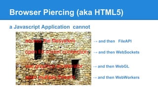 Browser Piercing (aka HTML5)
a Javascript Application cannot
➔ access the filesystem → and then FileAPI
➔ open f/d socket ...