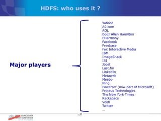 HDFS: who uses it ?

                               Yahoo!
                               A9.com
                               AOL
                               Booz Allen Hamilton
                               EHarmony
                               Facebook
                               Freebase
                               Fox Interactive Media
                               IBM
                               ImageShack
                               ISI
Major players                  Joost
                               Last.fm
                               LinkedIn
                               Metaweb
                               Meebo
                               Ning
                               Powerset (now part of Microsoft)
                               Proteus Technologies
                               The New York Times
                               Rackspace
                               Veoh
                               Twitter
                               …
                     32
 