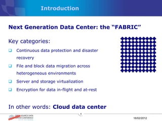 Introduction


Next Generation Data Center: the ―FABRIC‖

Key categories:
   Continuous data protection and disaster
    recovery

   File and block data migration across
    heterogeneous environments

   Server and storage virtualization

   Encryption for data in-flight and at-rest



In other words: Cloud data center
                                    4

                                                16/02/2012
 