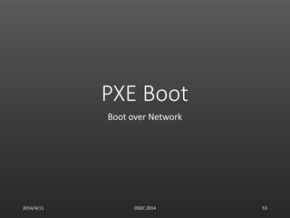 PXE Boot
Boot over Network
2014/4/11 OSDC 2014 53
 