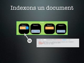 Indexons un document

                                          Cluster

   Nœud 1                   Nœud 2                     Nœud 3               Nœud 4
             Doc
   Shard 0    1                                         Shard 0


                            Shard 1                                          Shard 1




                   Client         $ curl -XPUT localhost:9200/twitter/tweet/1 -d '
                   CURL           {
                                       "text": "Bienvenue à la conférence #elasticsearch pour #ideobar",
                                       "created_at": "2012-04-06T20:45:36.000Z",
                                       "source": "Twitter for iPad",
                                       ...
                                  }'
 