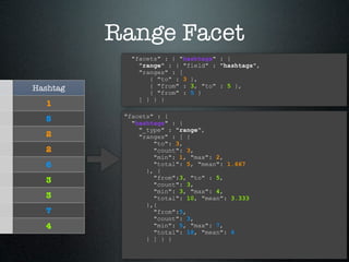 Range Facet
             "facets" : { "hashtags" : {
               "range" : { "field" : "hashtags",
               "ranges" : [
                  { "to" : 3 },
Hashtag           { "from" : 3, "to" : 5 },
                  { "from" : 5 }
               ] } } }
  1
           "facets" : {
  5          "hashtags" : {
               "_type" : "range",
  2            "ranges" : [ {
                   "to": 3,
  2                "count": 3,
                   "min": 1, "max": 2,
  6                "total": 5, "mean": 1.667
                 }, {
                   "from":3, "to" : 5,
  3                "count": 3,
                   "min": 3, "max": 4,
  3                "total": 10, "mean": 3.333
                 },{
  7                "from":5,
                   "count": 3,
  4                "min": 5, "max": 7,
                   "total": 18, "mean": 6
                 } ] } }
 