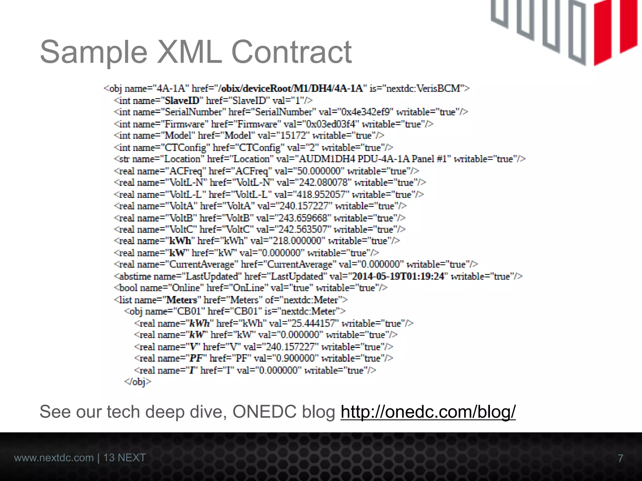 7 
www.nextdc.com| 13 NEXT 
Sample XML Contract 
See our tech deep dive, ONEDC blog http://onedc.com/blog/  
