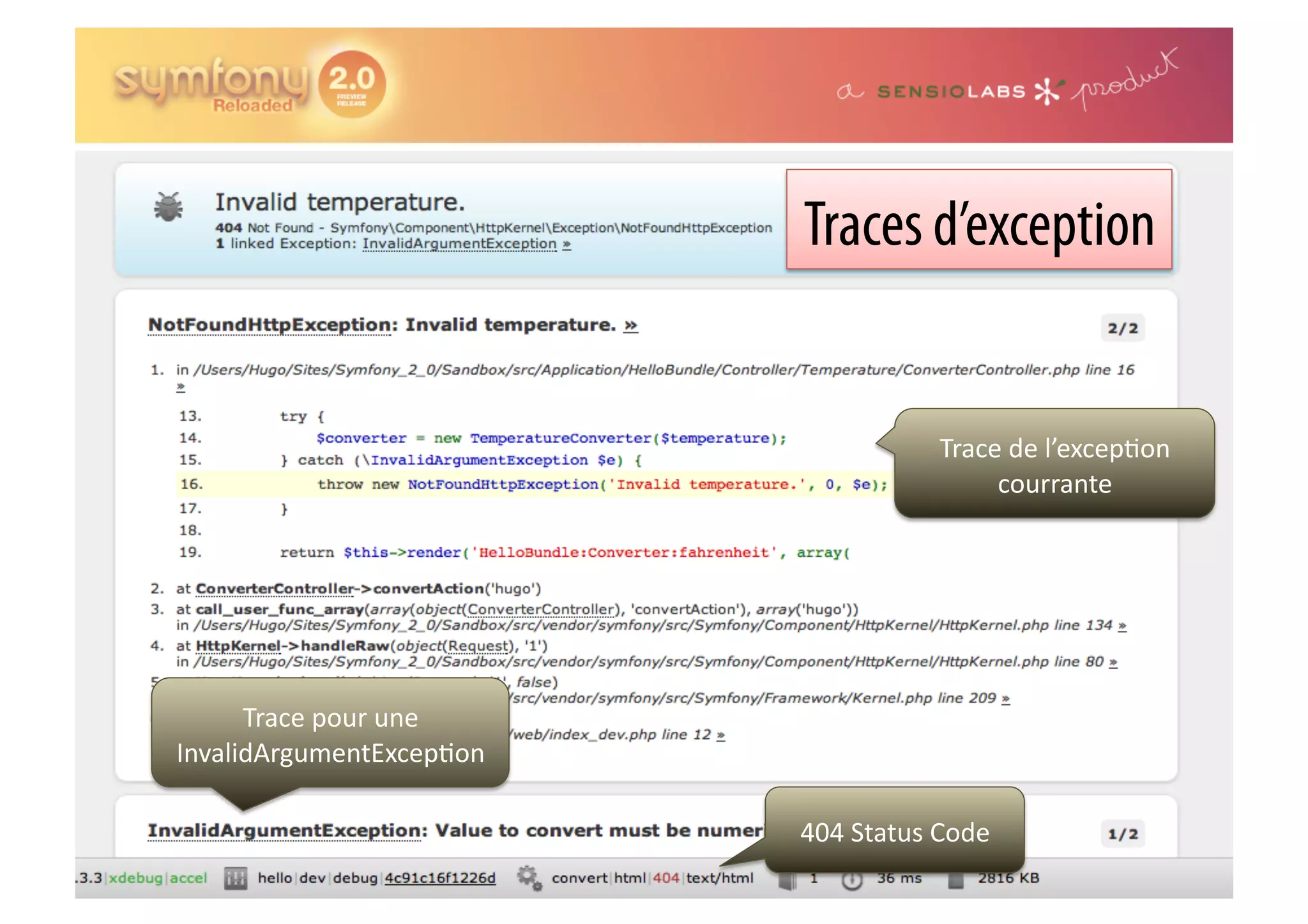 Traces d’exception Trace  de  l’excep0on   courrante   Trace  pour  une   InvalidArgumentExcep0on   404  Status  Code   